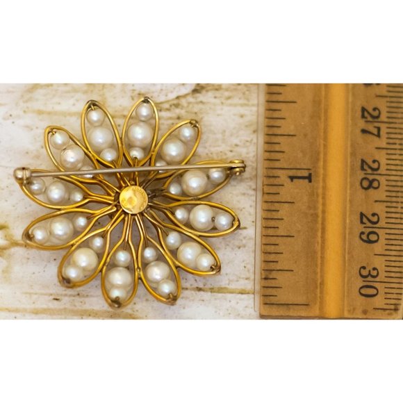 Vintage White Faux Pearls Abstract Flower Gold Filled Brooch by HG - B14 - Picture 2 of 2
